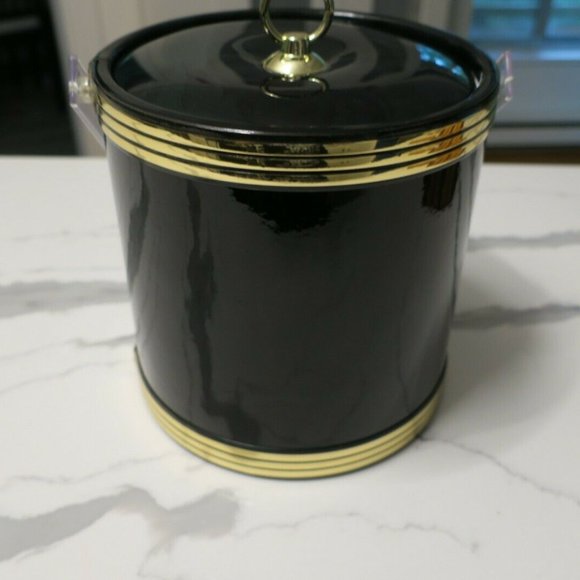 Retro Vintage MCM Ice Bucket Black with Faint Green Texture look & Gold Trim 8" - Picture 3 of 5